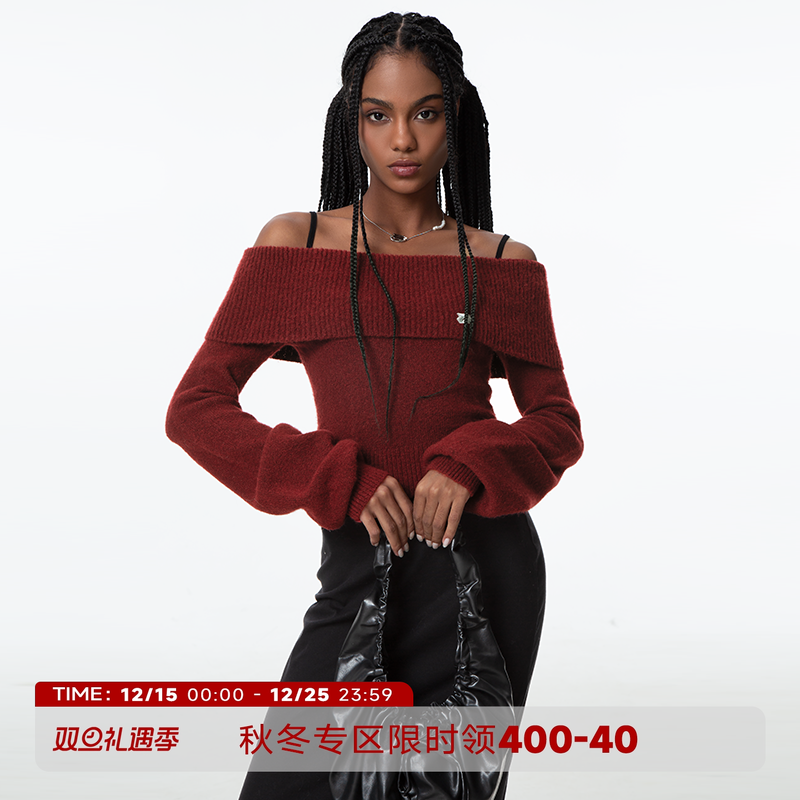 圣诞之夜一字肩长袖针织衫