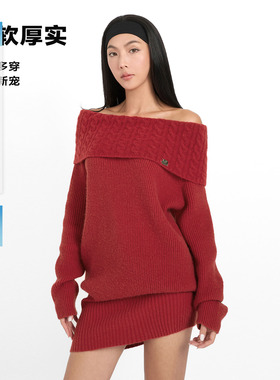 ABMY 红色一字肩翻领多穿毛衣圣诞新年战袍复古宽松秋冬软糯上衣