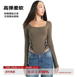 打底上衣 连体衣女秋冬复古辣妹绑带T恤内搭修身 ABMY 方领高弹长袖