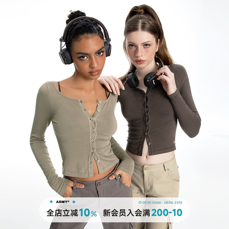 ABMY 可可布朗尼 大方领针织开衫女辣妹刺绣修身显瘦百搭短款外套