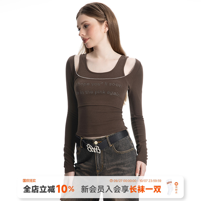 ABMY 致命魅力 假两件针织T恤女辣妹修身显瘦设计感长袖打底上衣
