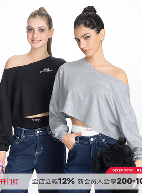 ABMY 多种穿法斜肩凉感T恤女宽松休闲慵懒感高腰显瘦套头长袖上衣