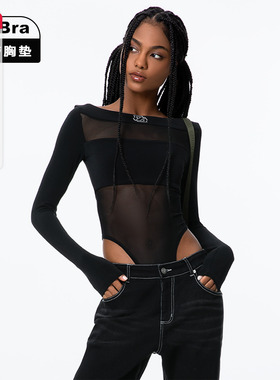 noBra by ABMY 美式复古连体衣女性感网纱镂空拼接长袖内搭打底衫