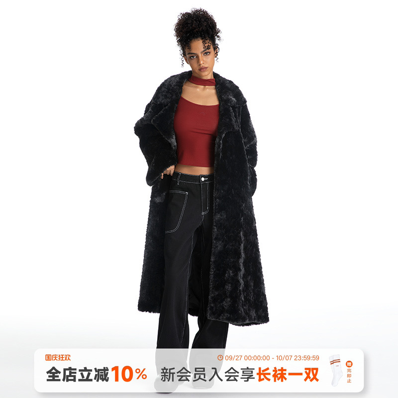 ABMY 黑糖威士忌 复古翻领大衣女宽松慵懒环保皮草长款毛毛外套