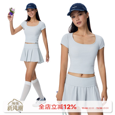 方领正肩运动短袖翻腰半身裙套装