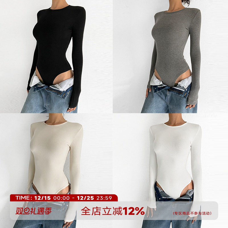 秋冬弹力针织连体衣长袖薄绒纯色