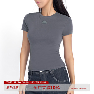 辣妹复古休闲修身 T恤美式 显瘦简约百搭磨毛上衣 天丝正肩短袖 ABMY