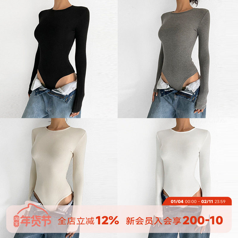ABMY 秋冬弹力针织连体衣女 圆领修身长袖薄绒打底衫纯色内搭上衣,女装/女士精品,T恤,淘宝优惠券,粉丝福利购,淘宝优惠卷
