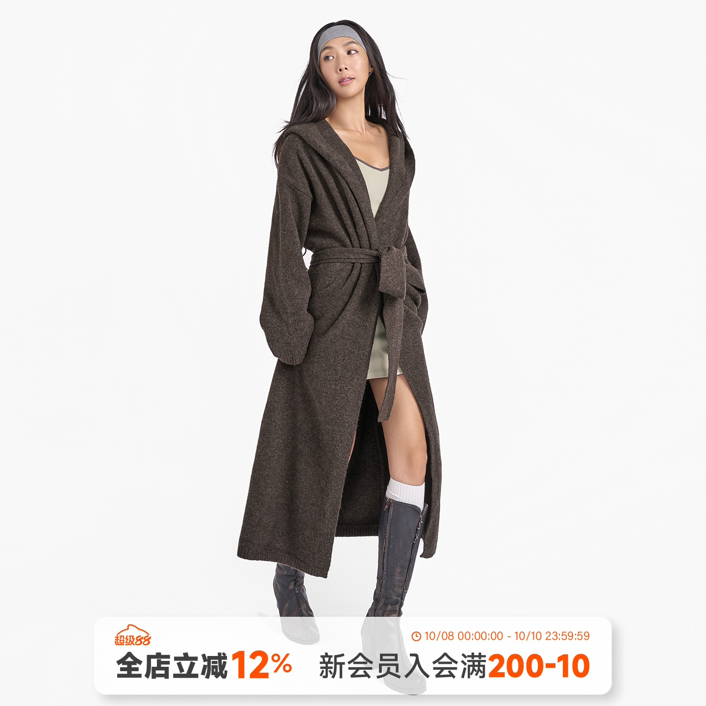 慵懒风棕色连帽长款针织开衫