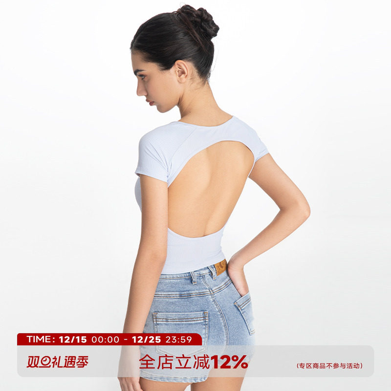 美式辣妹镂空露背短袖T恤