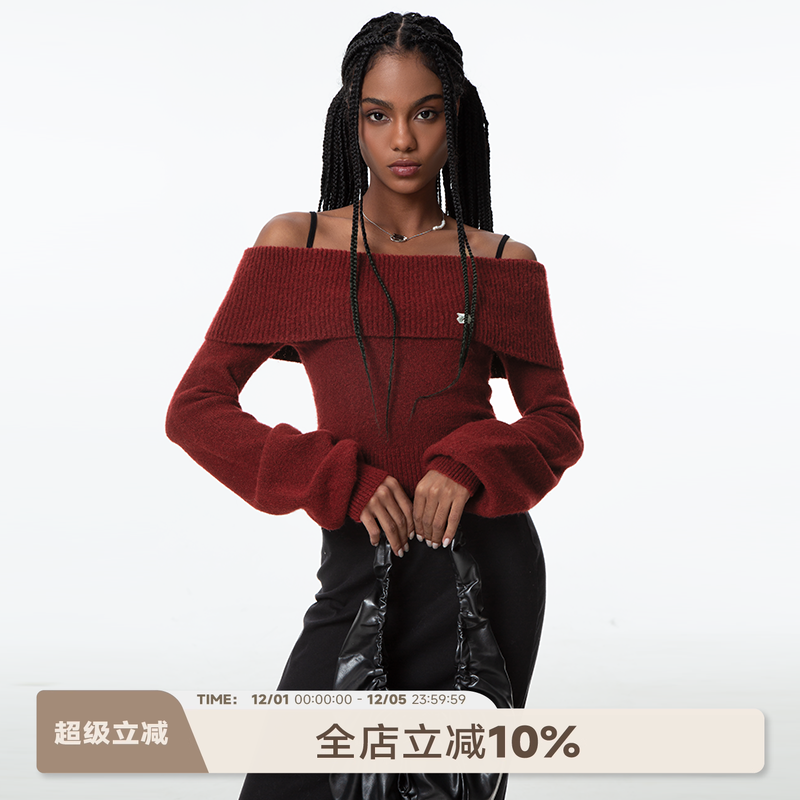 圣诞之夜一字肩长袖针织衫