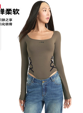 ABMY 方领高弹长袖连体衣女秋冬复古辣妹绑带T恤内搭修身打底上衣