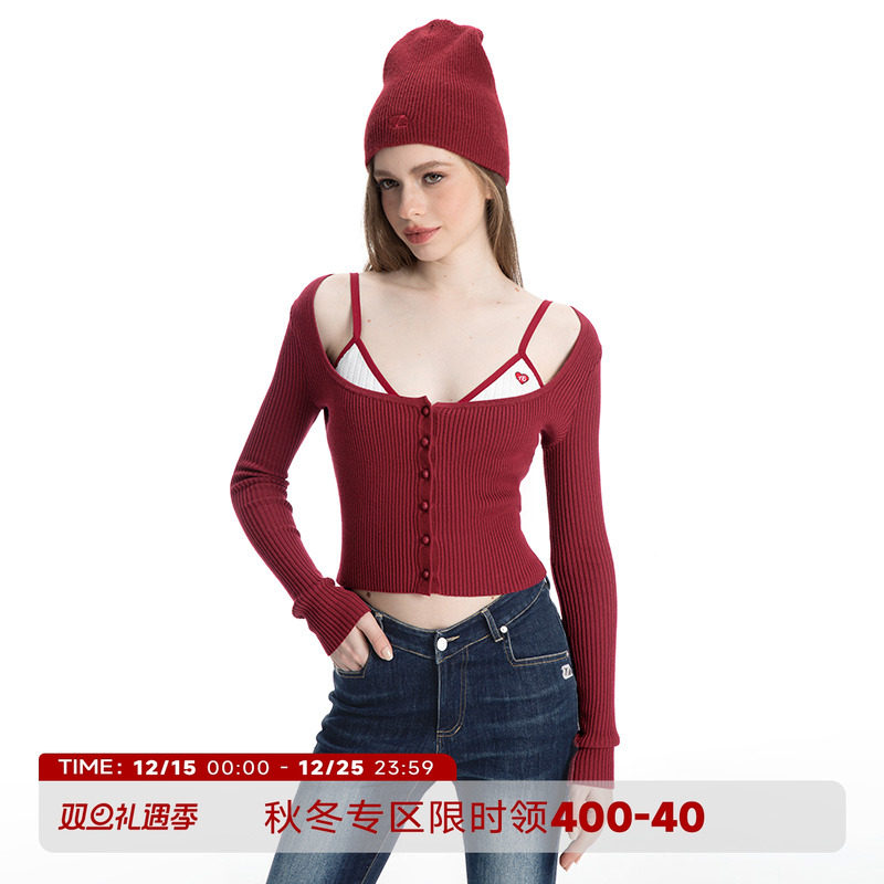 ABMY 心动信号 辣妹针织开衫复古修身显瘦短款方领长袖上衣可叠穿