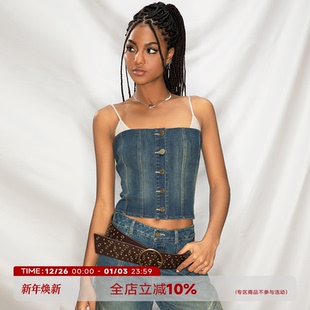 ABMY 复古水洗牛仔吊带背心女仿鱼骨蕾丝拼接设计感上衣 蕾丝绮梦