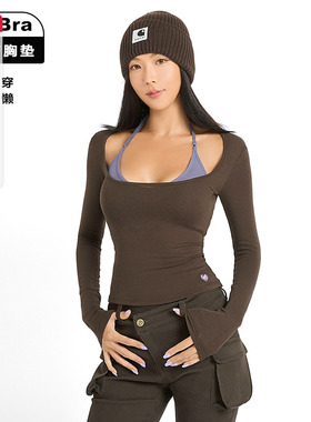 ABMY 辣妹撞色三角杯自带胸垫叠穿长袖T恤女打底修身两件套上衣