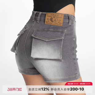 ABMY 辣妹高弹中腰水洗包包牛仔短裤女3D口袋修身百搭包臀热裤