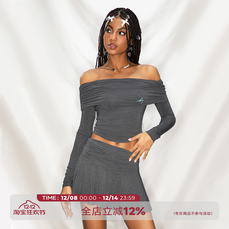 美式辣妹一字肩露肩长袖