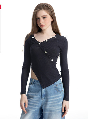 ABMY 加州少女 长袖T恤女V领不规则修身百搭显瘦设计感针织上衣