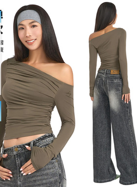 ABMY 美式辣妹褶皱斜肩长袖T恤女修身显瘦百搭设计感打底内搭上衣