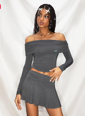 noBra by ABMY 美式辣妹一字肩褶皱针织衫女显瘦露肩长袖T恤上衣