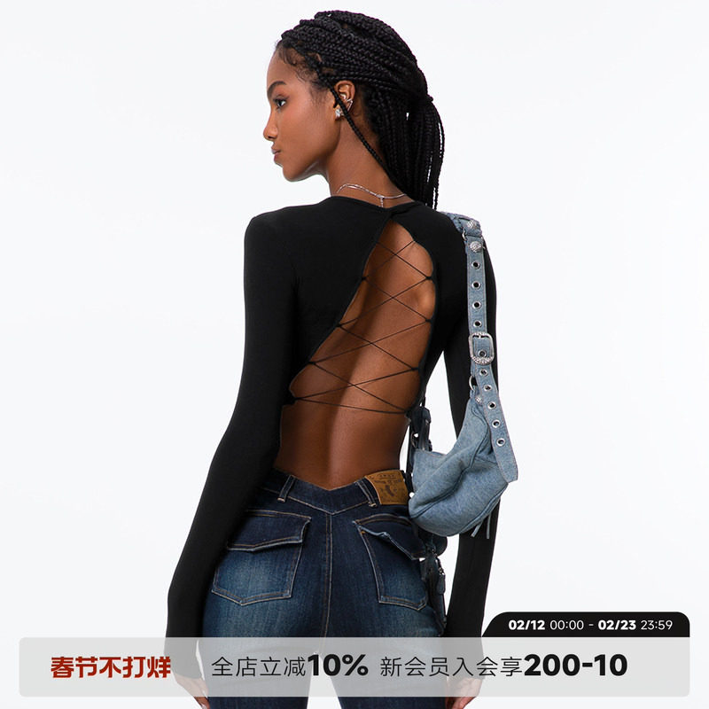 noBra by ABMY 后背镂空绑带BabyT性感露背辣妹带胸垫长袖T女