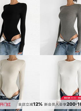 ABMY 秋冬弹力针织连体衣女 圆领修身长袖薄绒打底衫纯色内搭上衣