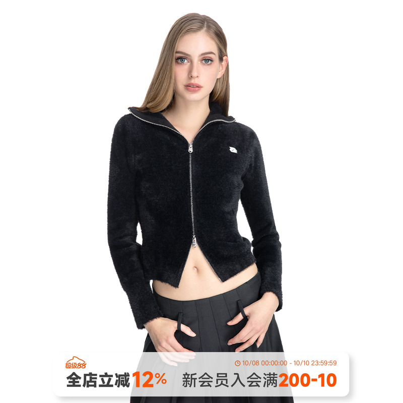 ABMY 辣妹双拉链灰色针织开衫外套女修身显瘦环保水貂毛长袖上衣