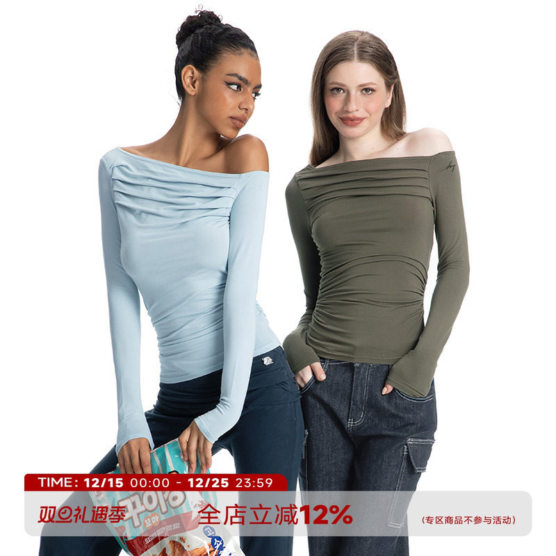 ABMY 休闲纸片人 美式褶皱斜肩T恤修身显瘦设计感百搭打底上衣