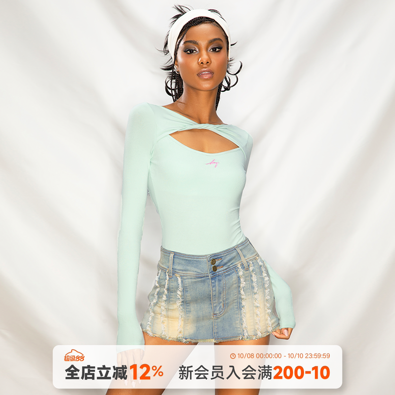 noBra by ABMY 美式设计感扭结连体衣女性感露背修身打底长袖T恤