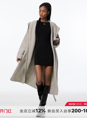 ABMY 第十四行诗 高克重连帽羊毛开衫女秋冬慵懒加厚长款毛衣外套