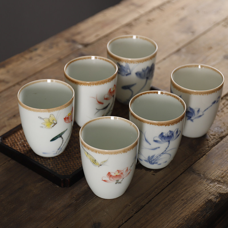 手绘陶瓷茶杯大号窑变水杯荷花杯子200毫升青花瓷杯单杯主人杯