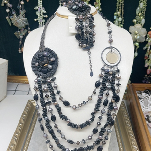 925配件淡水珍珠黑玛瑙手编多层流苏长款项链手链套装老货氧化578