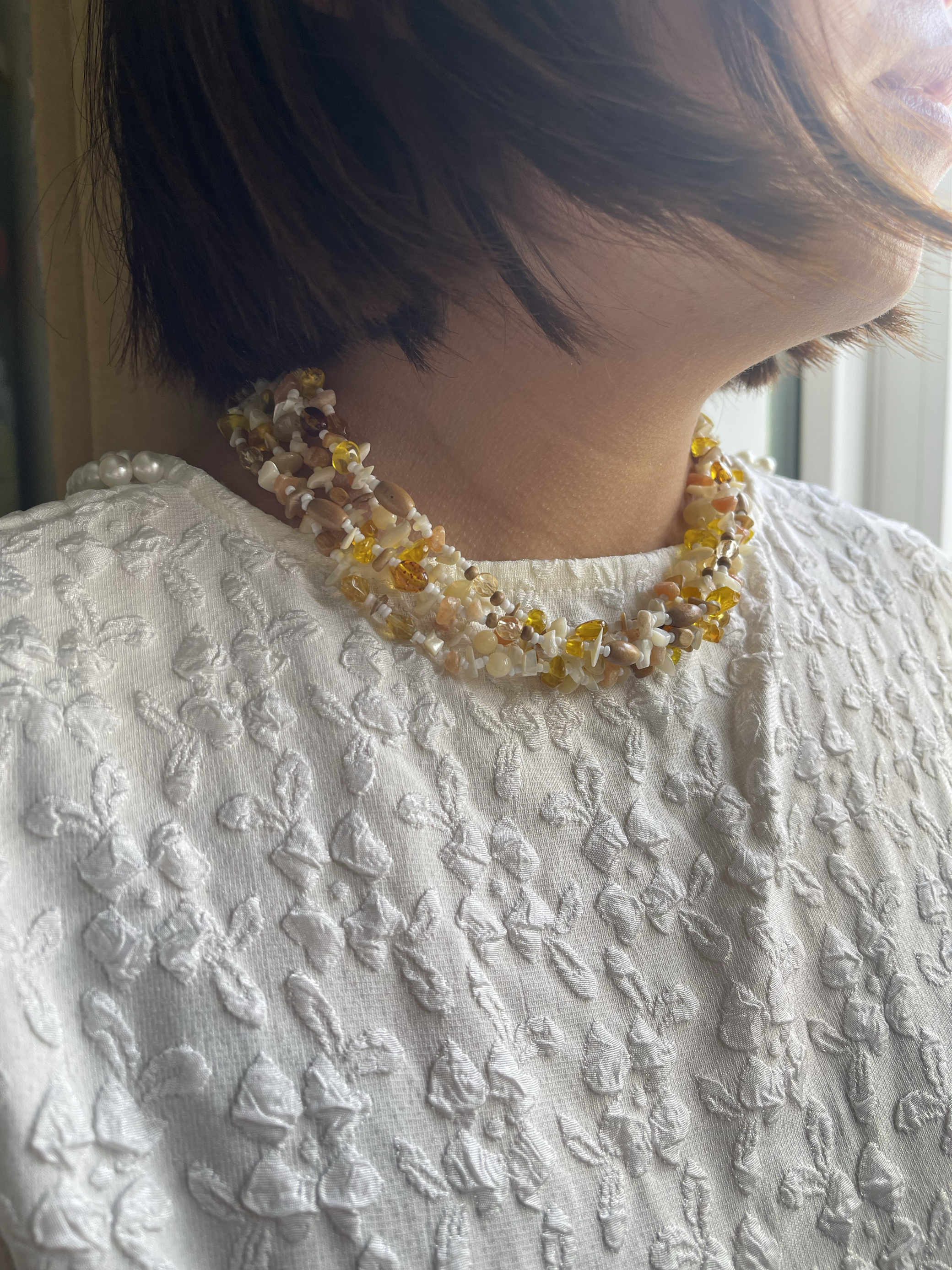 mone提打标贝壳木头圆珠五层手编手工短款颈链项链加8cm尾链03