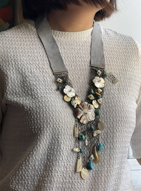 贝壳雕花月光贝仿松流苏手工编织芒星宽皮质蝴蝶结系扣可长短项链