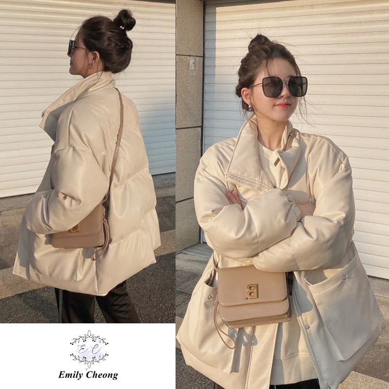 韩版PU软皮中长款奶呼呼羽绒服女