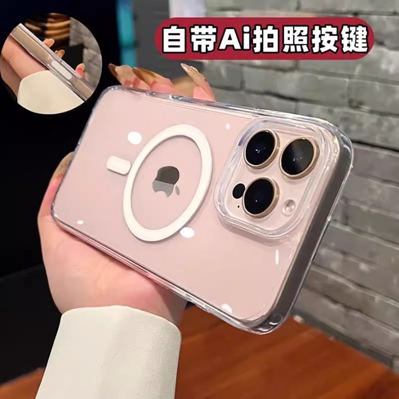 带相机触控按键适用iPhone16promax手机壳透明磁吸苹果16/16Pro灵动键16plus全包软边保护套16PM男女简约防摔