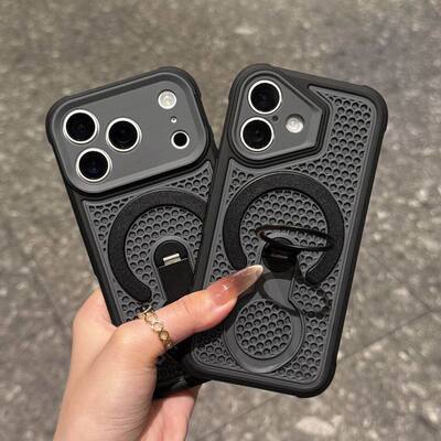 夏日网孔透气散热适用苹果17promax手机壳360金属旋转指环支架iPhone16磁吸15PM磨砂14全包防滑防摔13保护套2