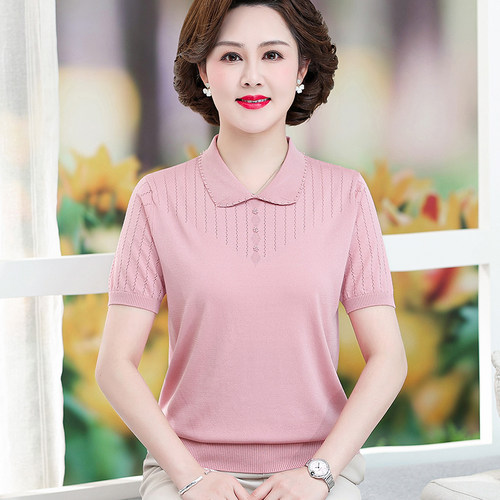 短袖手工钉珠冰丝减龄妈妈张T恤
