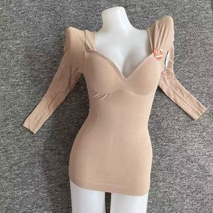长袖低领乳胶固定杯打底衫女薄款收腹紧身春秋季打底衫收腹美体衣