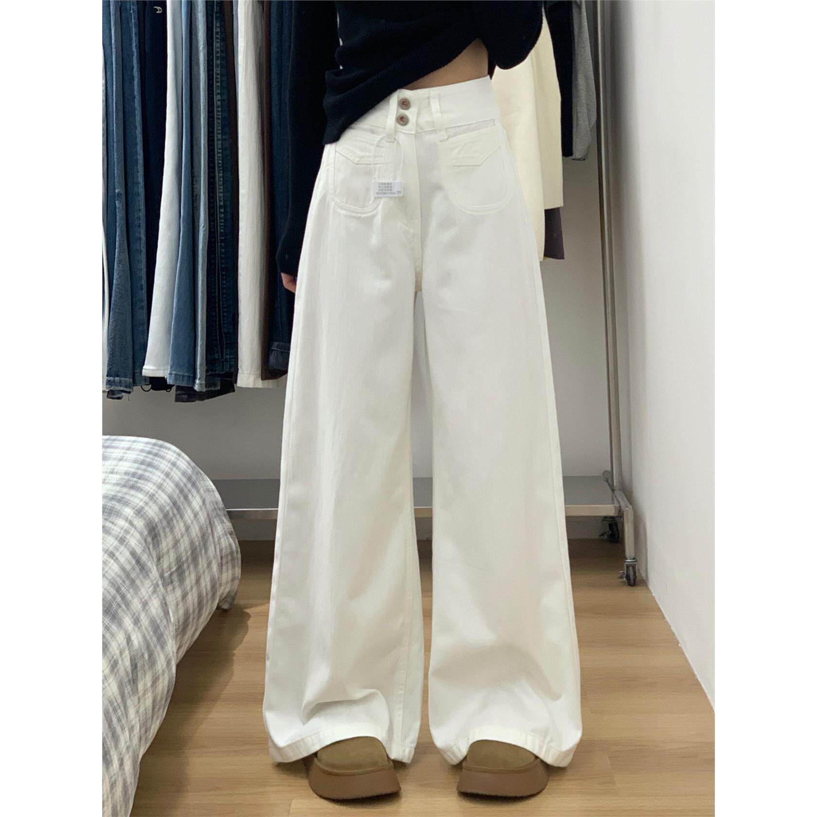白色阔腿牛仔裤女秋季新款大码胖mm高腰显瘦宽松梨形身材拖地裤子