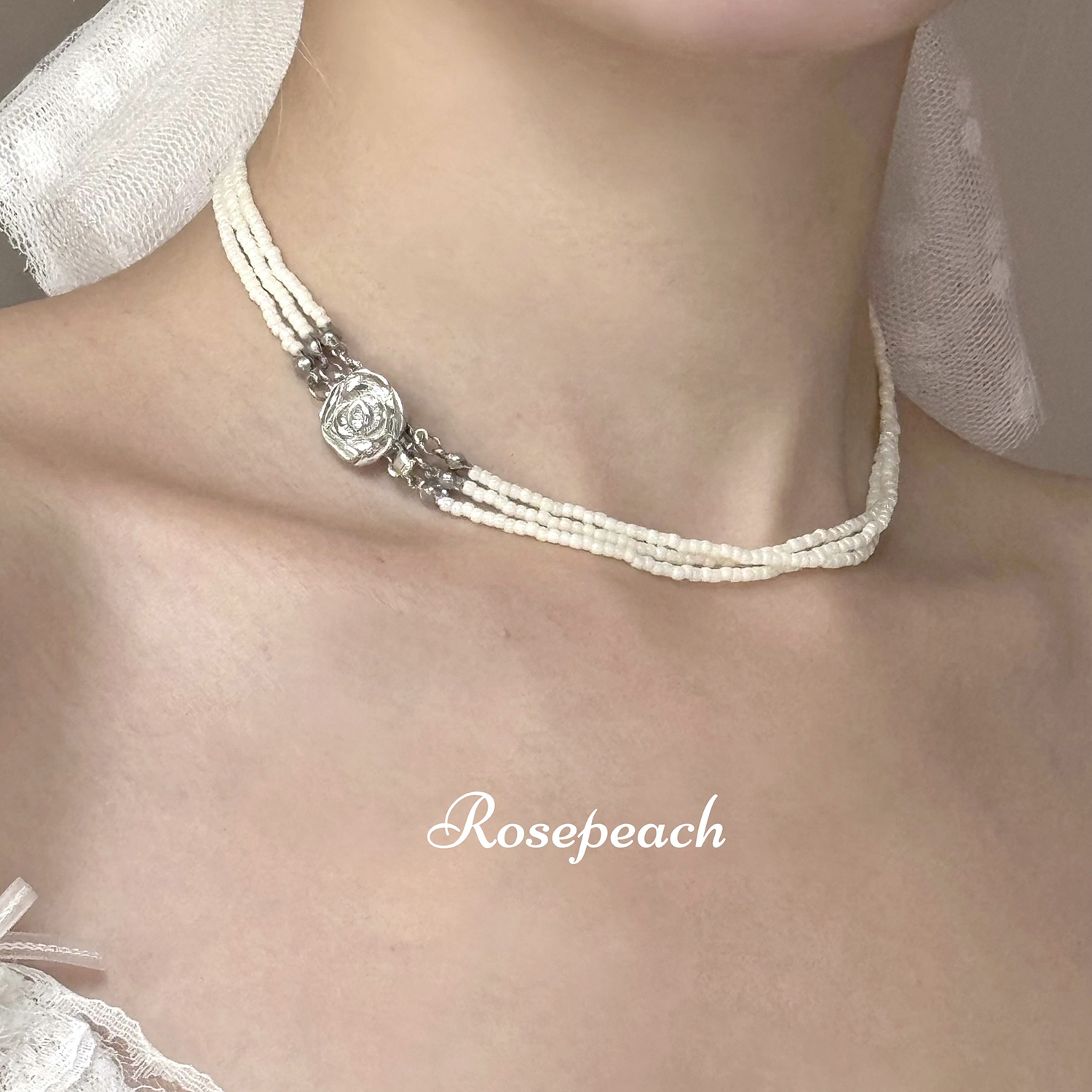 rosepeach「白蔷薇」原创小众复古法式少女玫瑰奶白多层串珠项链