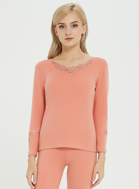 雪竹护膝护肘保暖内衣套装女蕾丝花边V领打底秋衣秋裤棉毛衫19092