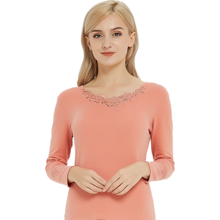 雪竹护膝护肘保暖内衣套装女蕾丝花边V领打底秋衣秋裤棉毛衫19092