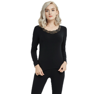 雪竹秋冬女薄款保暖内衣套装莫代尔棉毛衫蕾丝圆领秋衣秋裤18862