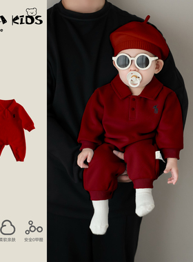 满月宝宝衣服秋冬加绒婴儿连体衣周岁礼服冬装小月龄外出服爬爬服