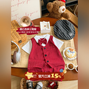 男宝周岁服夏季婴儿短袖连体衣夏天少爷服薄款衣服满月百天爬爬服