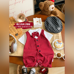 男宝周岁服夏季婴儿短袖连体衣夏天少爷服薄款衣服满月百天爬爬服