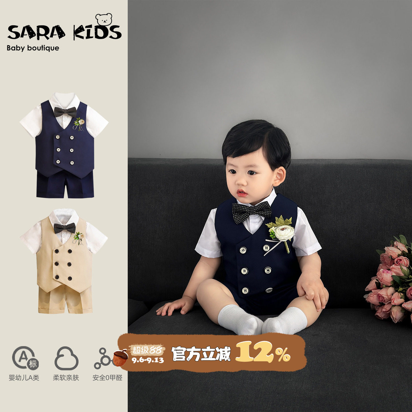 男宝宝生日宴衣服夏季洋气婴幼儿西装套装夏天男童周岁满月礼服潮图片