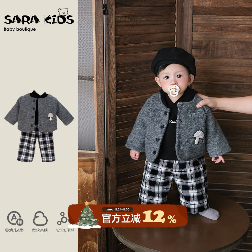 婴儿分体套装秋冬男宝宝衣服时髦婴幼儿外套卫衣加绒裤子三件套冬
