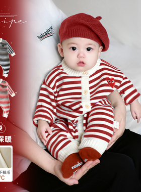 婴儿冬装连体衣喜庆红色宝宝秋冬衣服婴幼儿外出加绒毛衣拜年爬服